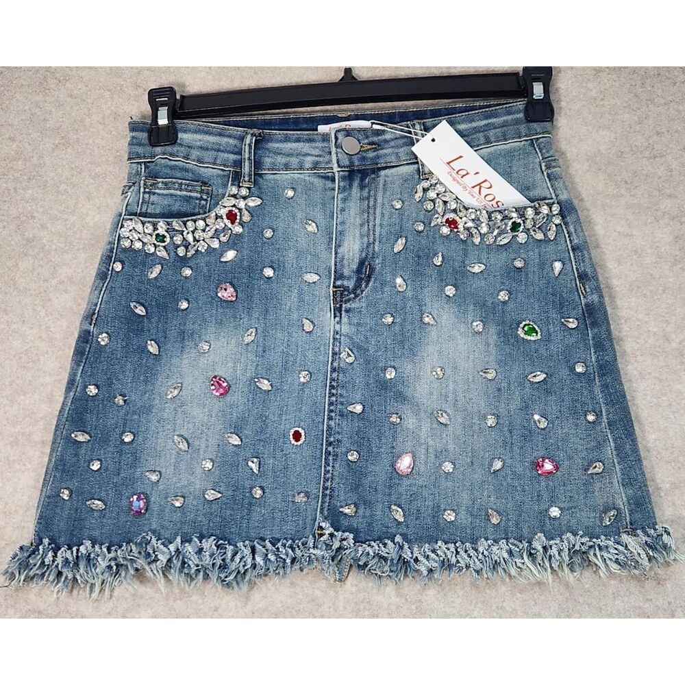 La Ros Women's Denim Skirt with Rhinestones Embellishments Size S Small